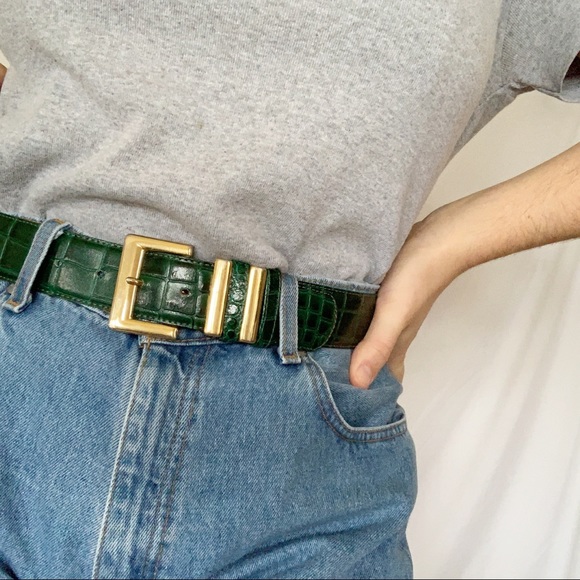Vintage Accessories - VTG 90s Green Faux Crocodile Embossed Leather Belt